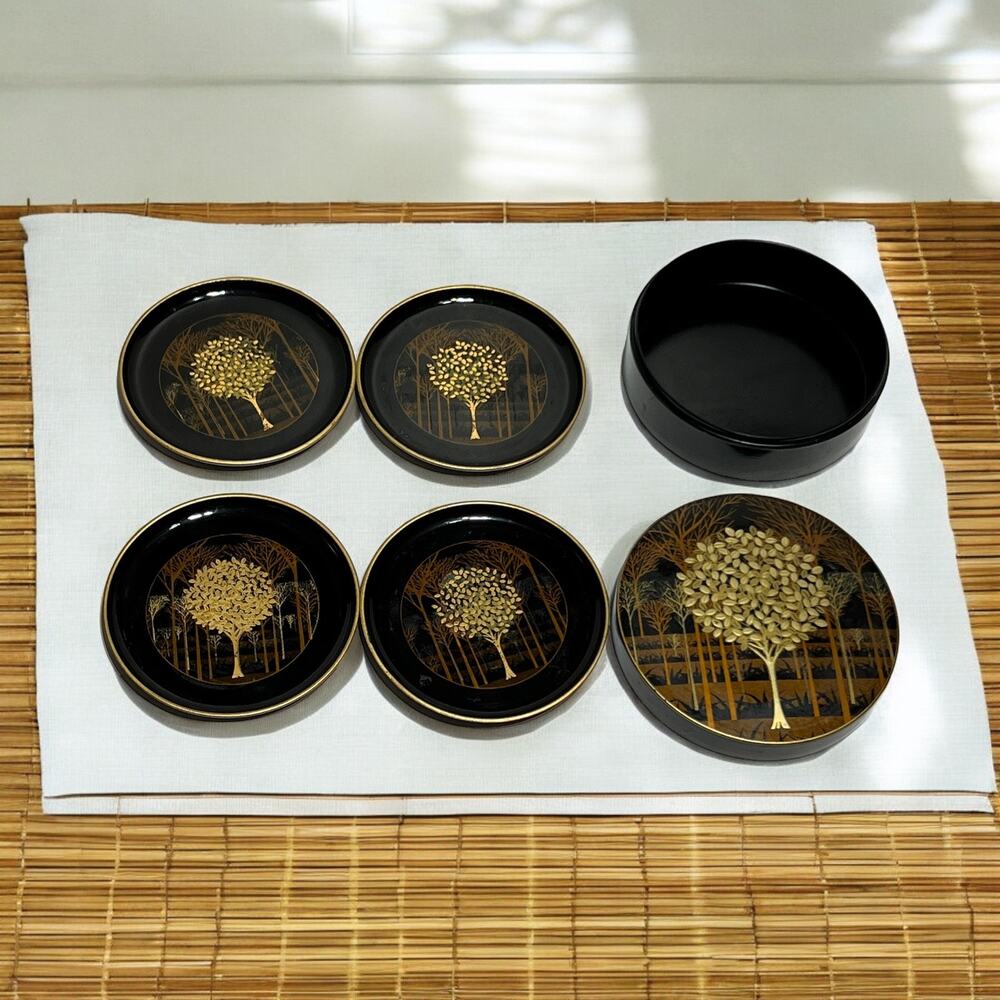 Hand Crafted Otagiri Vtg  Japan Coaster lacquer Set Of 4 & container Asian pics